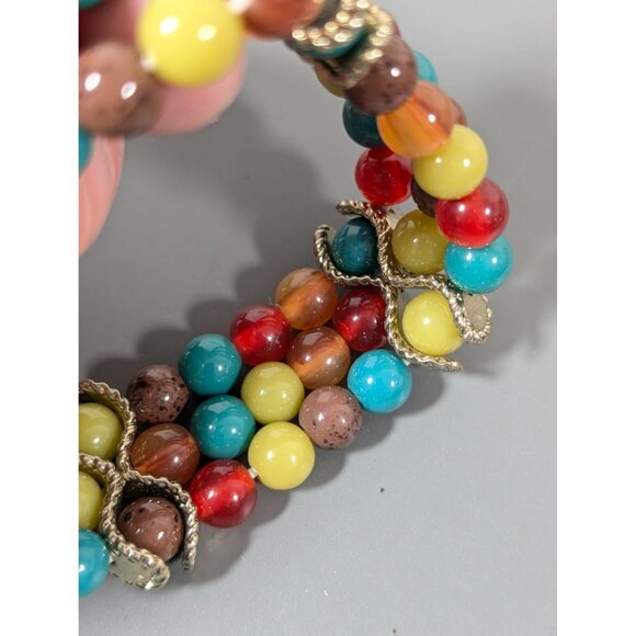 Boho Tribal Red Green Bead Three Row Stretch Bracelet 7" - Picture 6 of 8